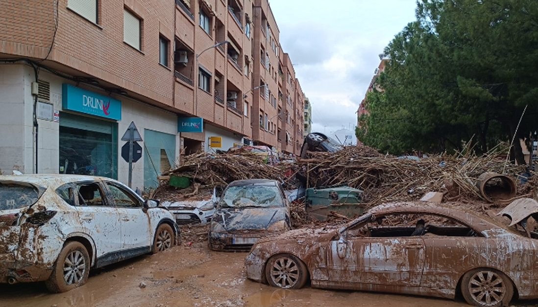 Urban flood debris jam in Catarroja after the October 2024 Valencia floods, Spain